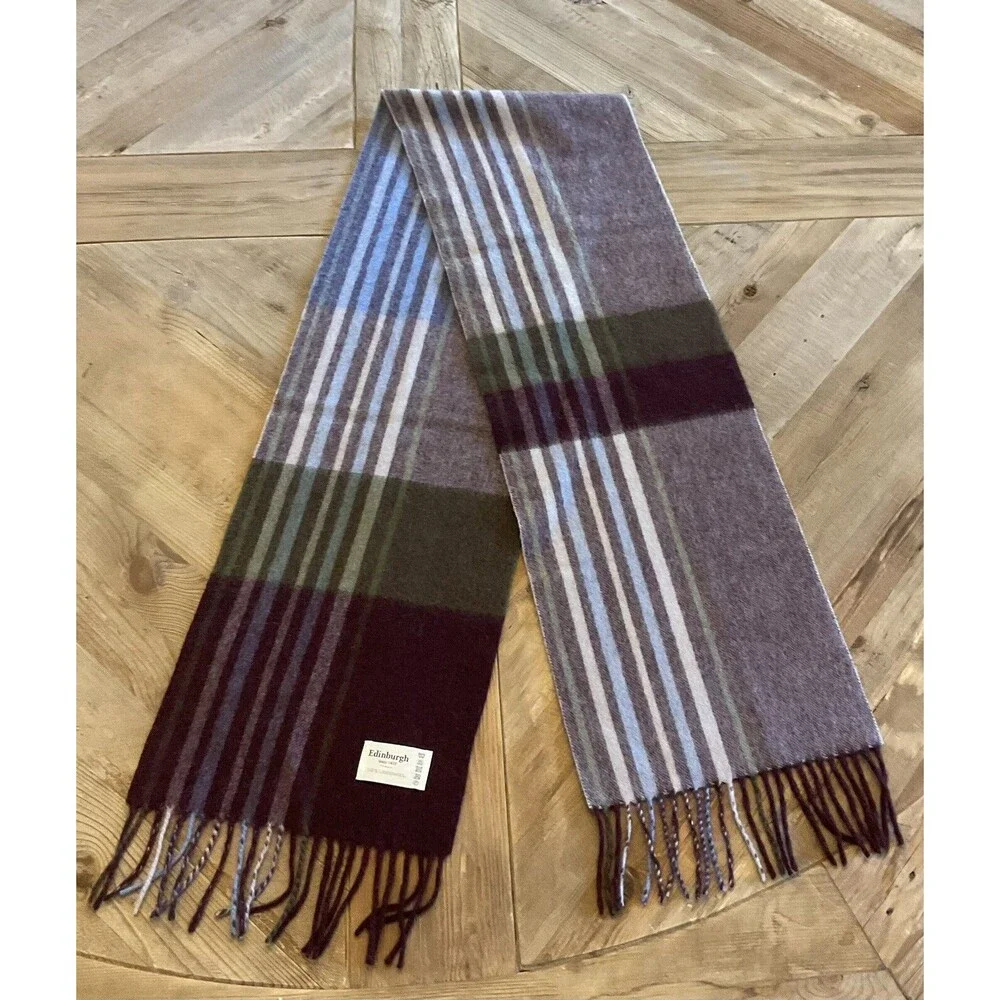 Edinburgh 100% Lambswool Fringe Scarf Classic Preppy Fall Winter Plum/Gray/Blue‎